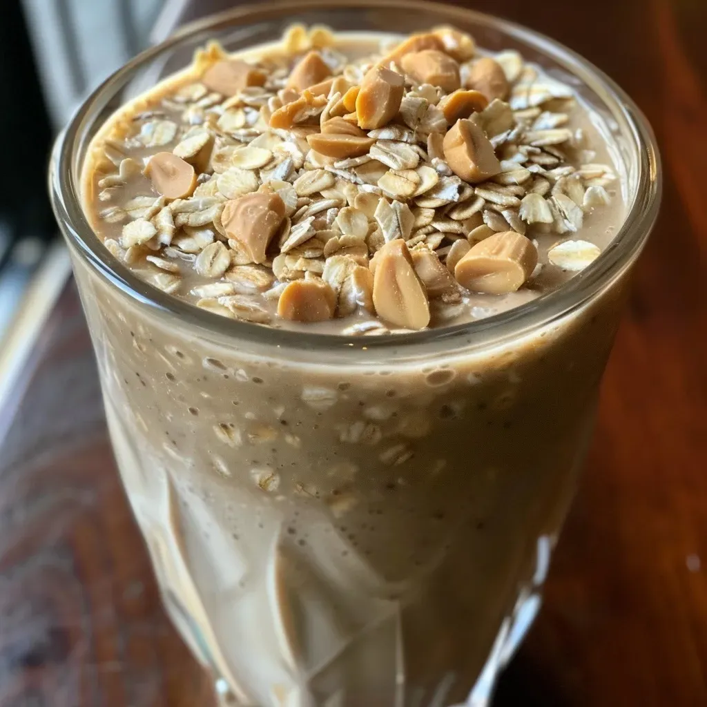 Side view of a thick peanut butter oatmeal smoothie topped with oats and a sprinkle of nuts.