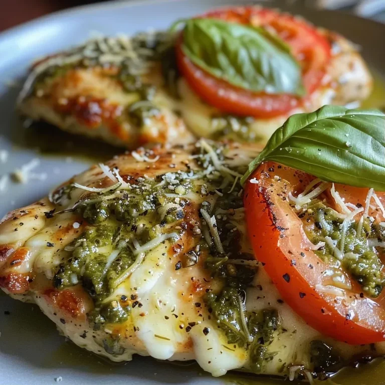 ['Close-up view of a juicy pesto chicken breast topped with melted mozzarella and fresh tomato slices.', 'Side view of a deliciously cooked pesto chicken garnished with fresh basil leaves and Parmesan cheese.', 'Juicy pesto chicken breast served with colorful tomato slices and a sprinkle of grated cheese.', 'Detailed image of pesto chicken showcasing the vibrant green pesto sauce and creamy mozzarella.']
