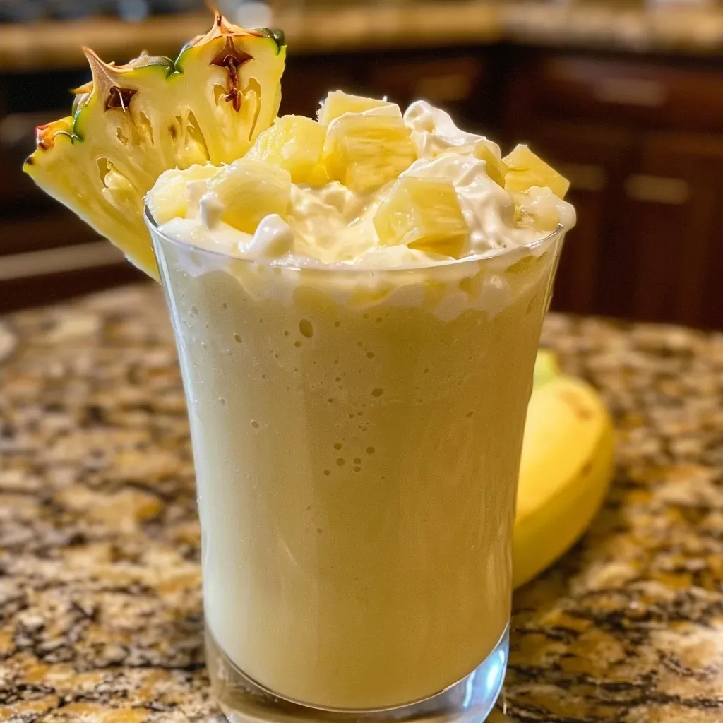 Close-up of a creamy pineapple coconut smoothie in a glass, garnished with pineapple slices.