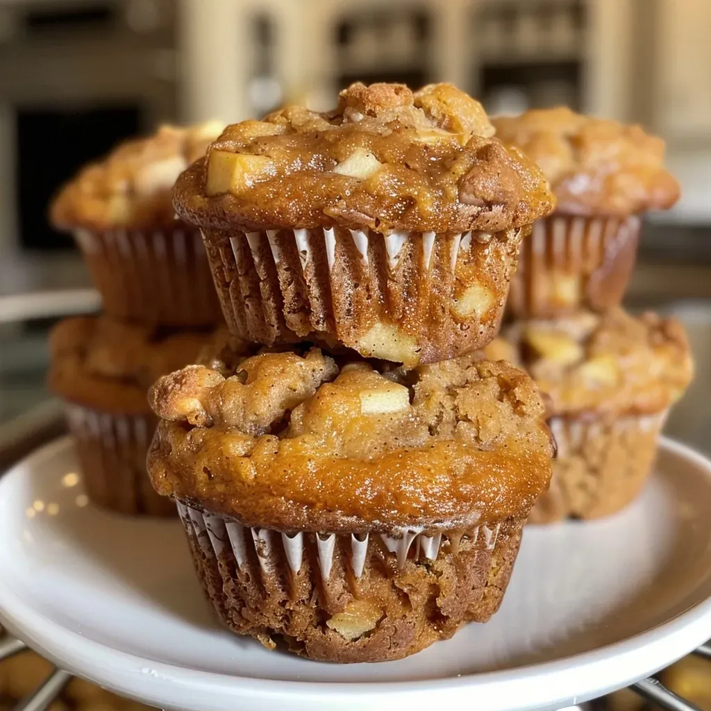 ['Close-up of a golden-brown Protein Apple Muffin with visible apple chunks and a sprinkle of cinnamon.', 'Side view of a moist Protein Apple Muffin showcasing grated apples and a soft texture, on a wooden background.', 'Delicious Protein Apple Muffin highlighting its fluffy interior with diced apples, set against a neutral backdrop.', 'Freshly baked Protein Apple Muffins arranged neatly, emphasizing their healthy ingredients and enticing appearance.']