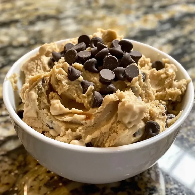 A close-up view of protein cookie dough with chocolate chips and a creamy texture.