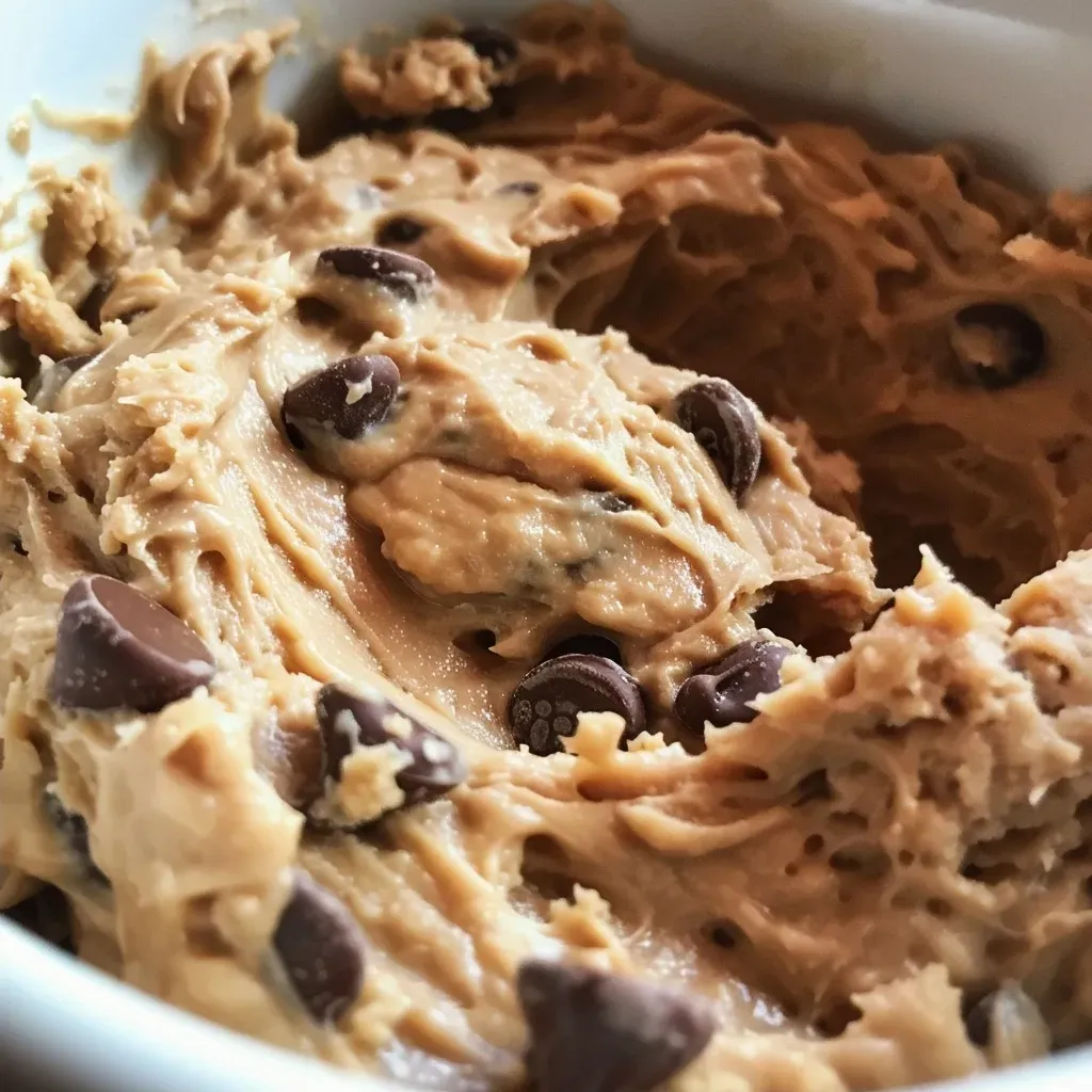 Side view of a delicious looking peanut butter chocolate chip protein cookie dough.