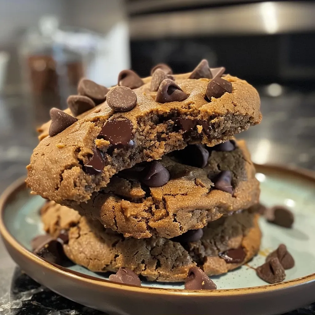 ['Close-up of protein cookies featuring a rich, golden-brown color and chocolate chip topping.', 'Side view of soft, chewy protein cookies with a glossy finish and melted chocolate chips.', 'A plate of delicious protein cookies showcasing their texture and chocolate chunks.', 'Juicy protein cookies displayed with a tempting, slightly gooey appearance from chocolate chips.']