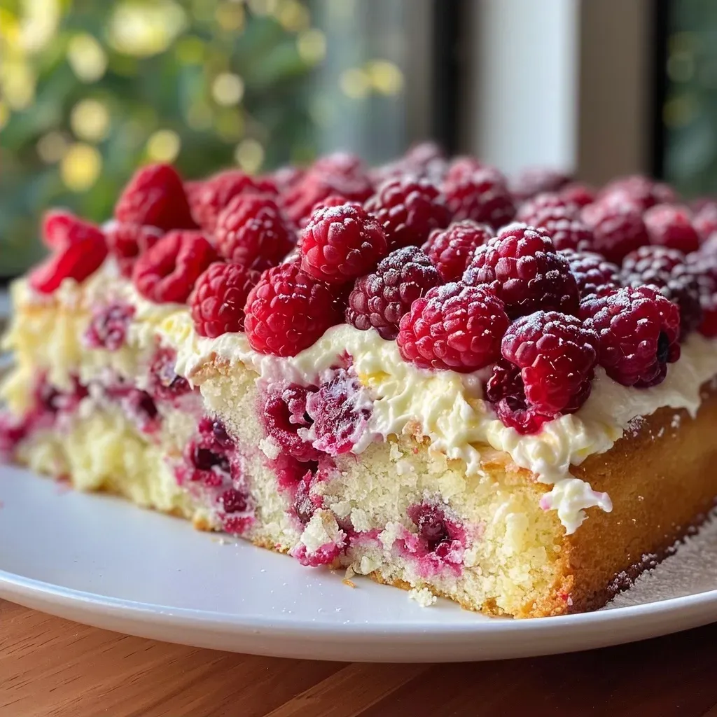['Close-up view of a moist Raspberry Lemon Cake topped with fresh raspberries.', 'Side view of a delicious Protein Raspberry Lemon Cake with a vibrant lemon glaze.', 'Juicy Raspberry Lemon Cake showcasing layers filled with fresh raspberries.', 'Detailed side shot of Protein Raspberry Lemon Cake highlighting its fluffy texture.']