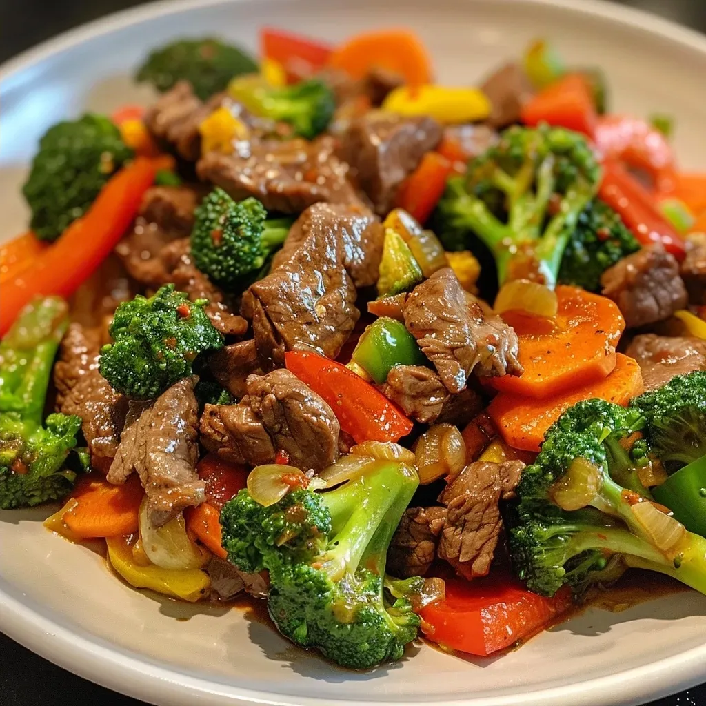 Side view of a vibrant quick beef stir fry with fresh broccoli and bell peppers.