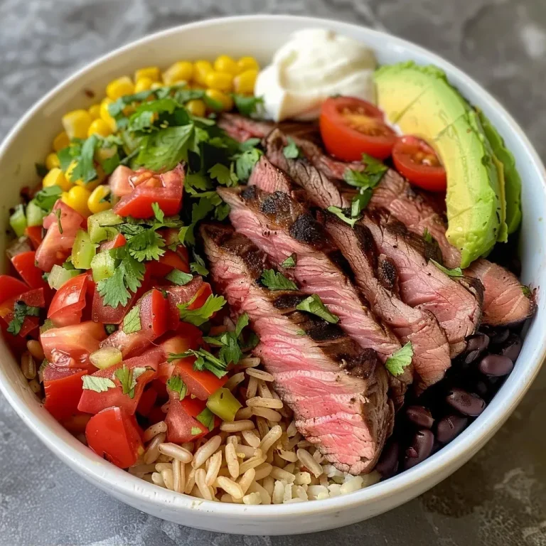 ['Close-up of a bowl filled with flank steak, rice, beans, and colorful toppings.', 'Side view of a hearty flank steak bowl showcasing various fresh ingredients.', 'Juicy flank steak bowl topped with avocado, salsa, and cilantro, served in a white dish.', 'Vibrant bowl of quick flank steak with rice, black beans, and diced tomatoes.']