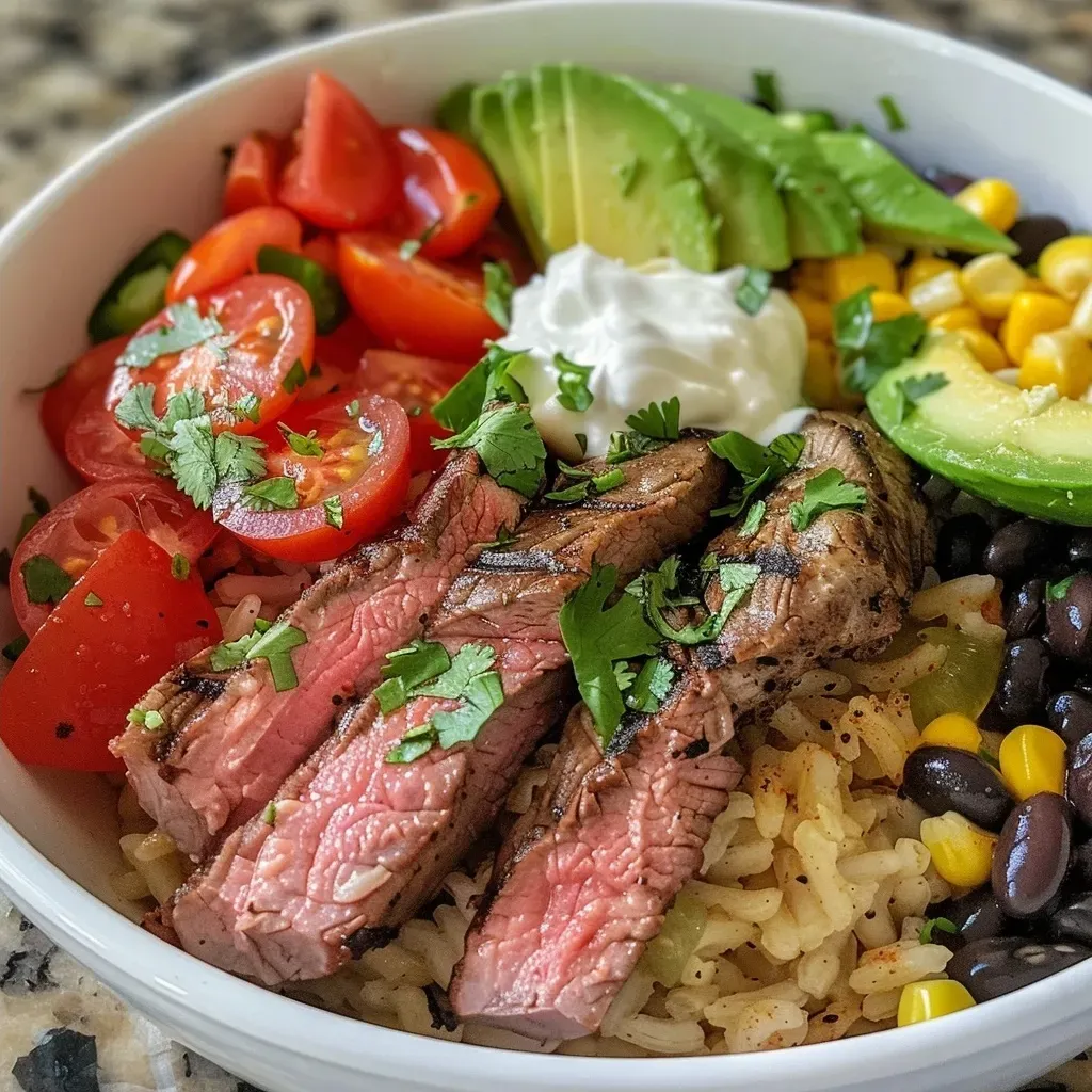 ['Close-up of a bowl filled with flank steak, rice, beans, and colorful toppings.', 'Side view of a hearty flank steak bowl showcasing various fresh ingredients.', 'Juicy flank steak bowl topped with avocado, salsa, and cilantro, served in a white dish.', 'Vibrant bowl of quick flank steak with rice, black beans, and diced tomatoes.']