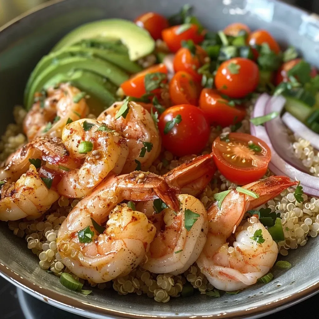 ['A close-up view of a colorful quinoa bowl topped with shrimp and fresh vegetables.', 'A vibrant quinoa bowl featuring shrimp, avocado, cherry tomatoes, and garnished with cilantro.', 'Side view of a delicious quinoa bowl filled with shrimp, diced avocado, and fresh veggies.', 'A delicious, colorful dish of quinoa with shrimp and various toppings in a bowl.']