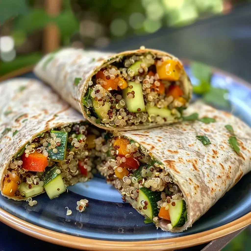 ['A close-up side view of a colorful quinoa vegetable wrap featuring vibrant green peppers, carrots, and zucchini.', 'Juicy quinoa and vegetable wrap displayed with fresh herbs and a tortilla, highlighting healthy ingredients.', 'A side view of a filled tortilla wrap showcasing quinoa, mixed vegetables, and a creamy spread.', 'An appetizing quinoa vegetable wrap with visible layers of fresh veggies and a hint of basil.']