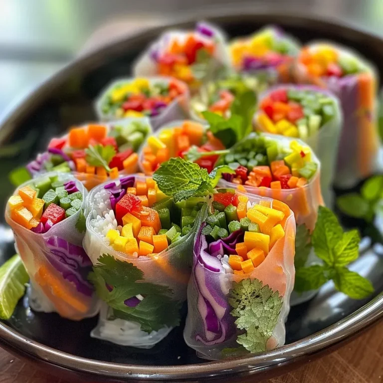 Vibrant Rainbow Spring Rolls to Brighten Your Day A close-up view of colorful rainbow spring rolls arranged neatly, with ginger peanut sauce on the side.
