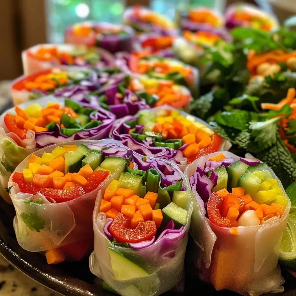 Side view of vibrant spring rolls filled with fresh vegetables, served with a small bowl of ginger peanut sauce.
