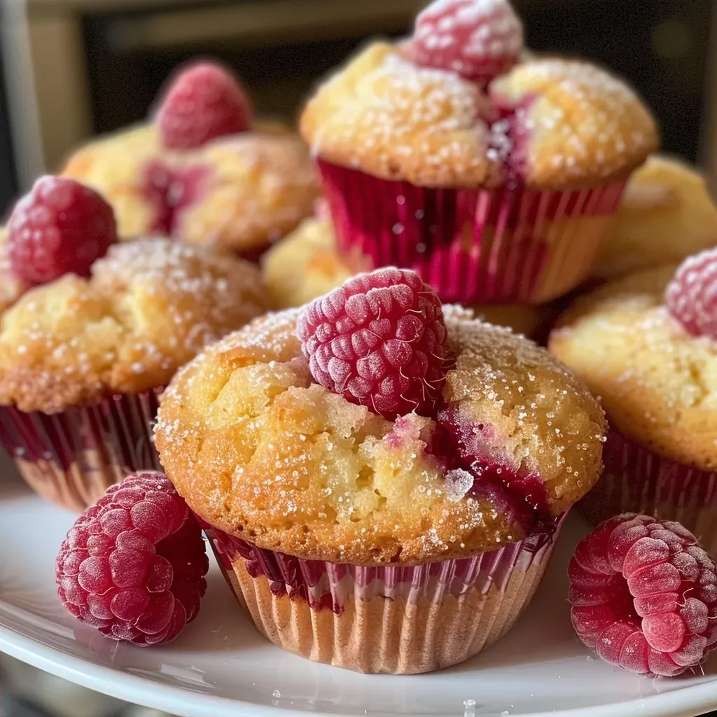 ['A close-up side view of freshly baked raspberry muffins with a golden-brown top and juicy raspberries peeking through.', 'Juicy raspberry muffins presented in a side angle, showcasing their fluffy texture and bright red fruit.', 'Delectable raspberry muffins captured from the side, emphasizing their moist interior and crunchy sugar topping.', 'A tempting side view of raspberry muffins, highlighting their soft crumb and vibrant raspberry bits.']