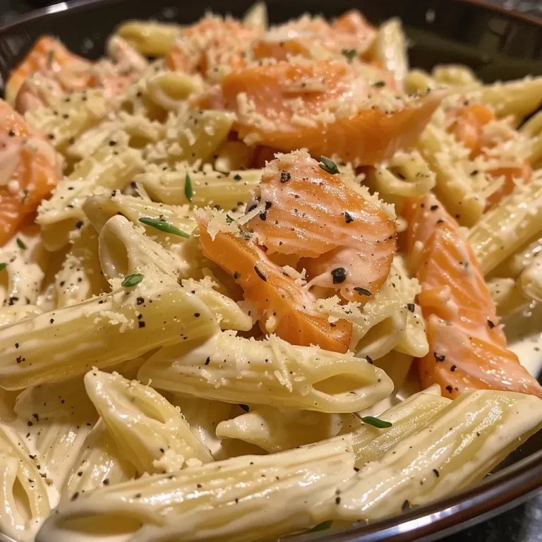 ['Close-up view of a creamy Salmon Alfredo dish with penne pasta.', 'Side view of a plated Salmon Alfredo featuring smoked salmon and herbs.', 'Juicy Salmon Alfredo with penne, garlic, and thyme, captured in detail.', 'Rich and creamy Salmon Alfredo pasta dish shown from the side.']