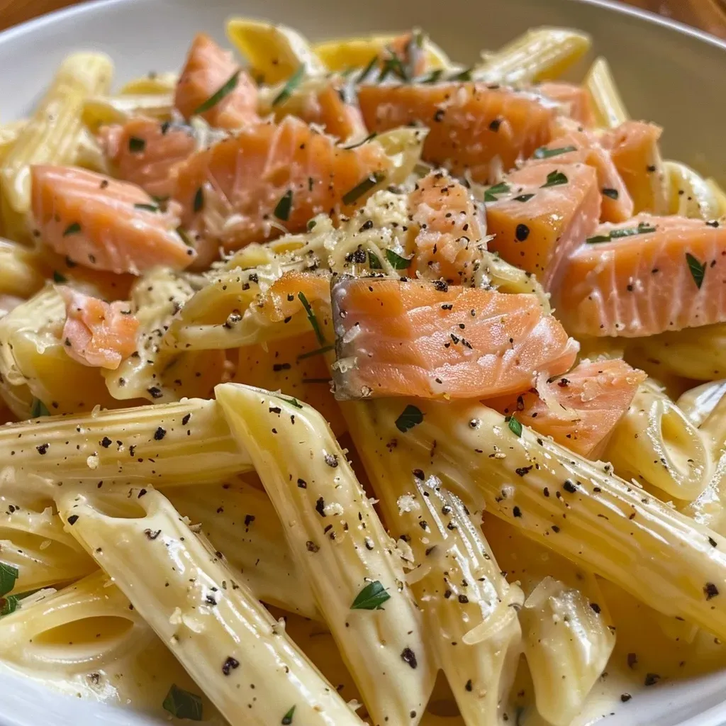 Close-up view of a creamy Salmon Alfredo dish with penne pasta.