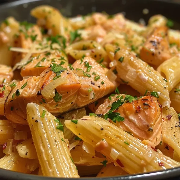['Close-up view of creamy salmon pasta with herbs and lemon zest.', 'Juicy salmon chunks mixed with penne pasta and garnished with parsley.', 'A side view of salmon pasta, highlighting its rich texture and colors.', 'Delicious bowl of salmon pasta, showcasing fresh ingredients and garnishes.']