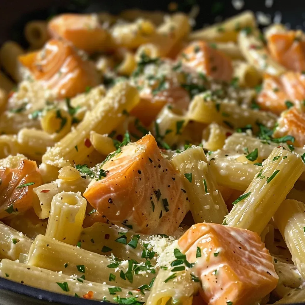 ['Close-up view of creamy salmon pasta with herbs and lemon zest.', 'Juicy salmon chunks mixed with penne pasta and garnished with parsley.', 'A side view of salmon pasta, highlighting its rich texture and colors.', 'Delicious bowl of salmon pasta, showcasing fresh ingredients and garnishes.']