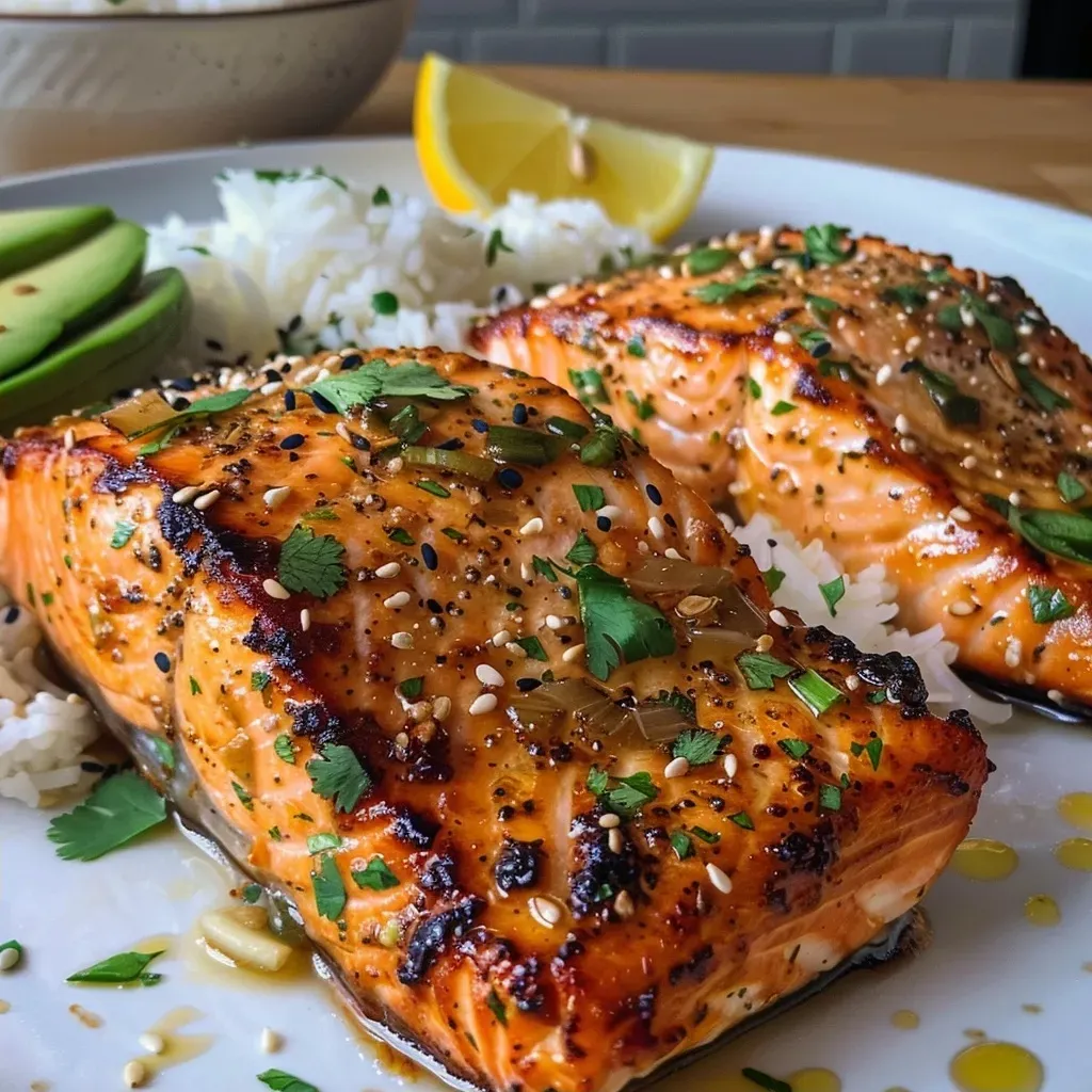 Close-up side view of a beautifully cooked salmon fillet garnished with lemon and herbs.