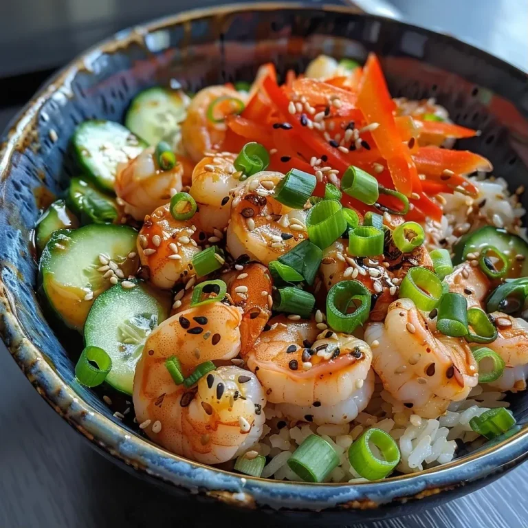 ['A close-up view of a Shrimp Rice Bowl topped with spicy mayo and garnished with sesame seeds and green onions.', 'A delicious shrimp rice bowl showcasing juicy shrimp over a bed of white rice, accompanied by cucumber slices.', 'Side view of a colorful shrimp rice bowl featuring a creamy spicy mayo drizzle and fresh vegetables.', 'A vibrant shrimp rice bowl filled with shrimp, rice, cucumber, and sprinkled with sesame seeds.']