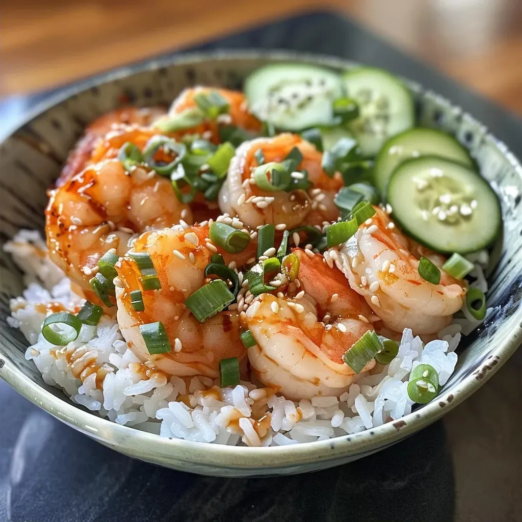['A close-up view of a Shrimp Rice Bowl topped with spicy mayo and garnished with sesame seeds and green onions.', 'A delicious shrimp rice bowl showcasing juicy shrimp over a bed of white rice, accompanied by cucumber slices.', 'Side view of a colorful shrimp rice bowl featuring a creamy spicy mayo drizzle and fresh vegetables.', 'A vibrant shrimp rice bowl filled with shrimp, rice, cucumber, and sprinkled with sesame seeds.']