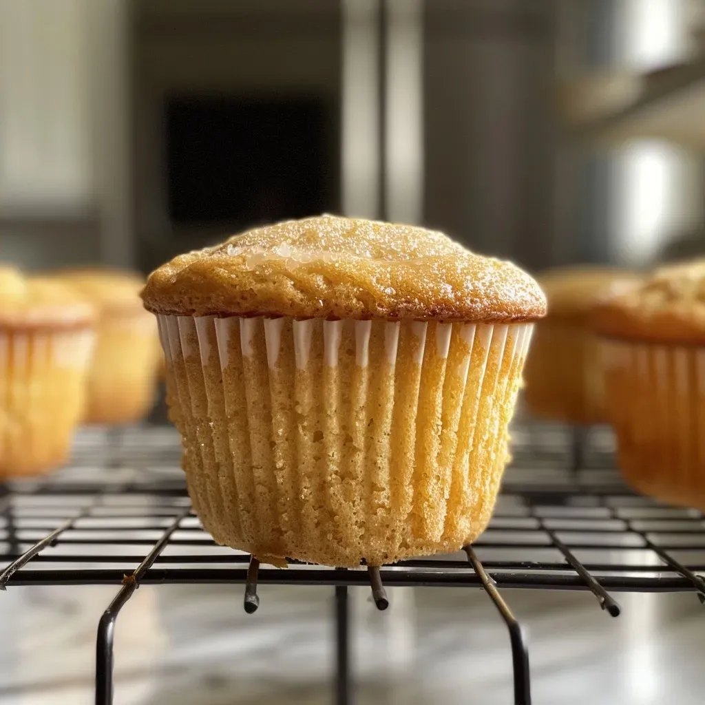 ['A close-up side view of golden-brown vanilla muffins with a shiny top.', 'Juicy and fluffy vanilla muffins shown from the side, with a soft texture.', 'Freshly baked vanilla muffins in a warm hue, showcasing their moistness.', 'Side perspective of simple vanilla muffins, highlighting their inviting golden crust.']