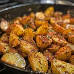 ['Close-up view of golden-brown skillet breakfast potatoes, glistening with butter.', 'Side angle of crispy breakfast potatoes seasoned with spices in a cast iron skillet.', 'A mouth-watering arrangement of diced potatoes sautéed to perfection, showing texture and color.', 'Juicy, flavorful skillet potatoes with a crispy exterior, garnished for visual appeal.']