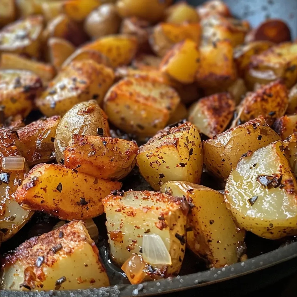 Close-up view of golden-brown skillet breakfast potatoes, glistening with butter.