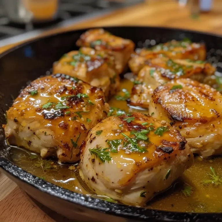 ['Juicy Skillet Honey Mustard Chicken with a golden glaze, served on a plate.', 'Close-up view of tender chicken breasts coated in honey mustard sauce.', 'Side angle of flavorful Skillet Honey Mustard Chicken drizzled with sauce.', 'Succulent chicken dish highlighting a glossy honey mustard finish.']