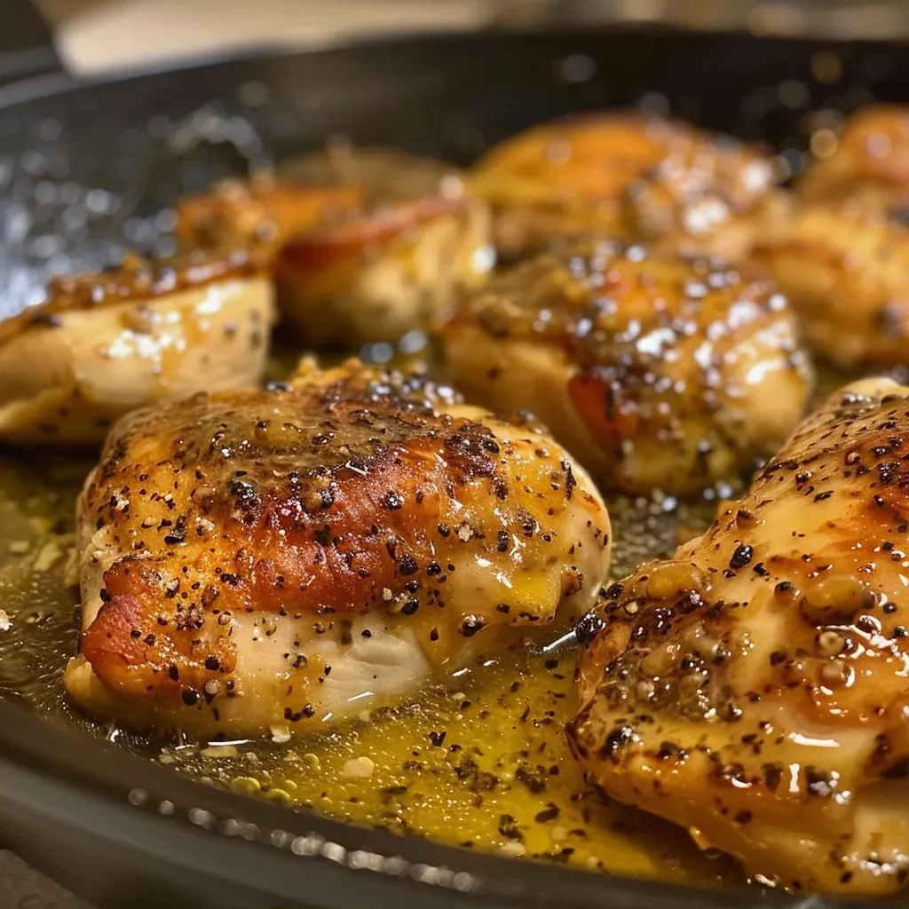 ['Juicy Skillet Honey Mustard Chicken with a golden glaze, served on a plate.', 'Close-up view of tender chicken breasts coated in honey mustard sauce.', 'Side angle of flavorful Skillet Honey Mustard Chicken drizzled with sauce.', 'Succulent chicken dish highlighting a glossy honey mustard finish.']