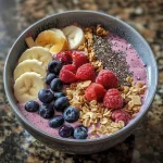 ['Close-up of a vibrant smoothie bowl topped with fresh fruits and granola.', 'Side view of a colorful smoothie bowl filled with mixed berries and banana slices.', 'Detailed view of a smoothie bowl with almond butter drizzle and chia seeds on top.', 'A delicious smoothie bowl featuring spinach, frozen fruits, and crunchy toppings.']