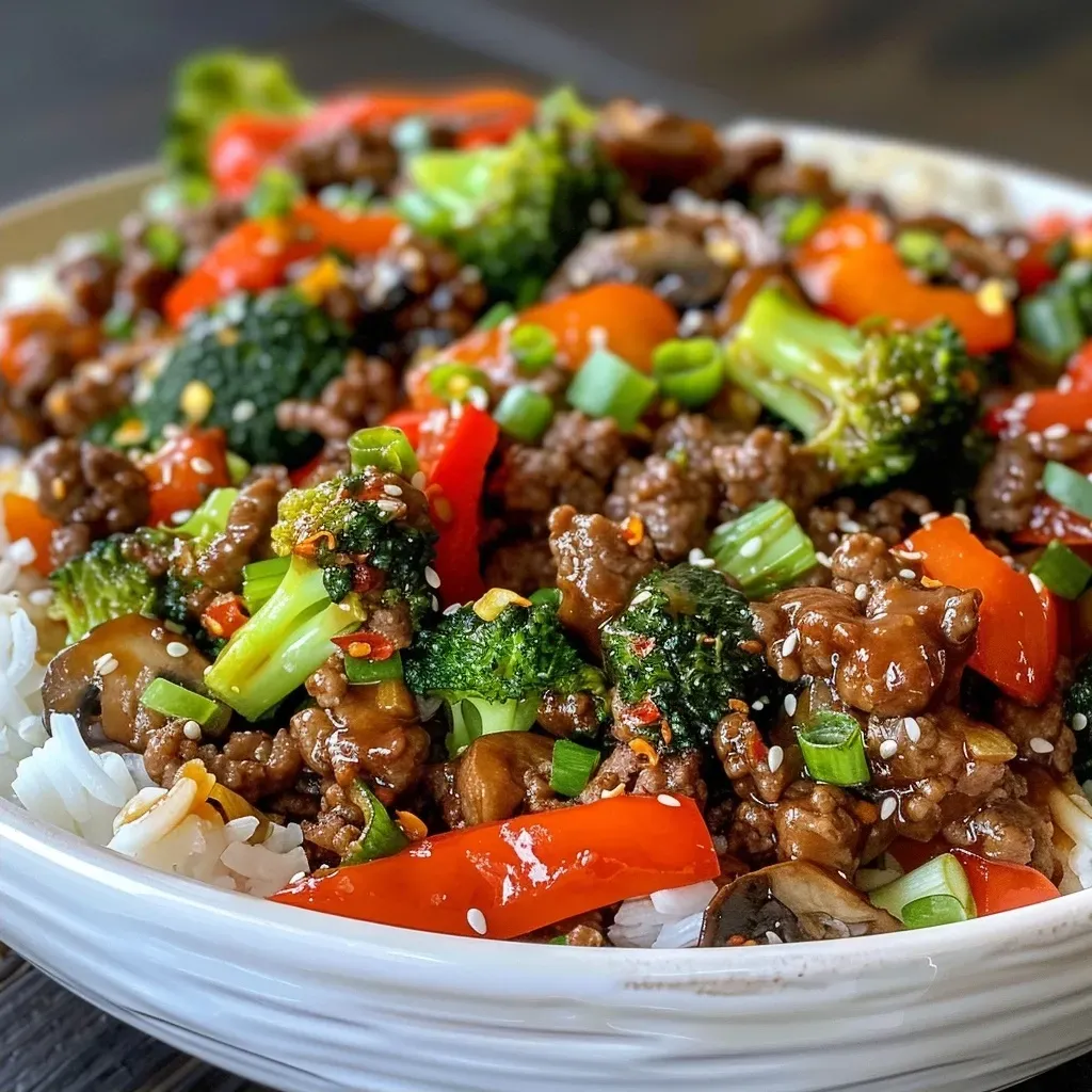['Close-up view of a Spicy Ground Beef Stir-Fry Bowl with colorful veggies on a plate.', 'Juicy Spicy Ground Beef Stir-Fry surrounded by vibrant vegetables, presented in a bowl.', 'Side view of a delicious Spicy Ground Beef Stir-Fry Bowl filled with garlic-infused veggies.', 'Appetizing Spicy Ground Beef Stir-Fry with broccoli, bell pepper, and zucchini in a bowl.']