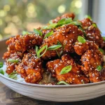 A close-up of juicy Spicy Korean Chicken with vibrant red sauce, garnished with green onions.