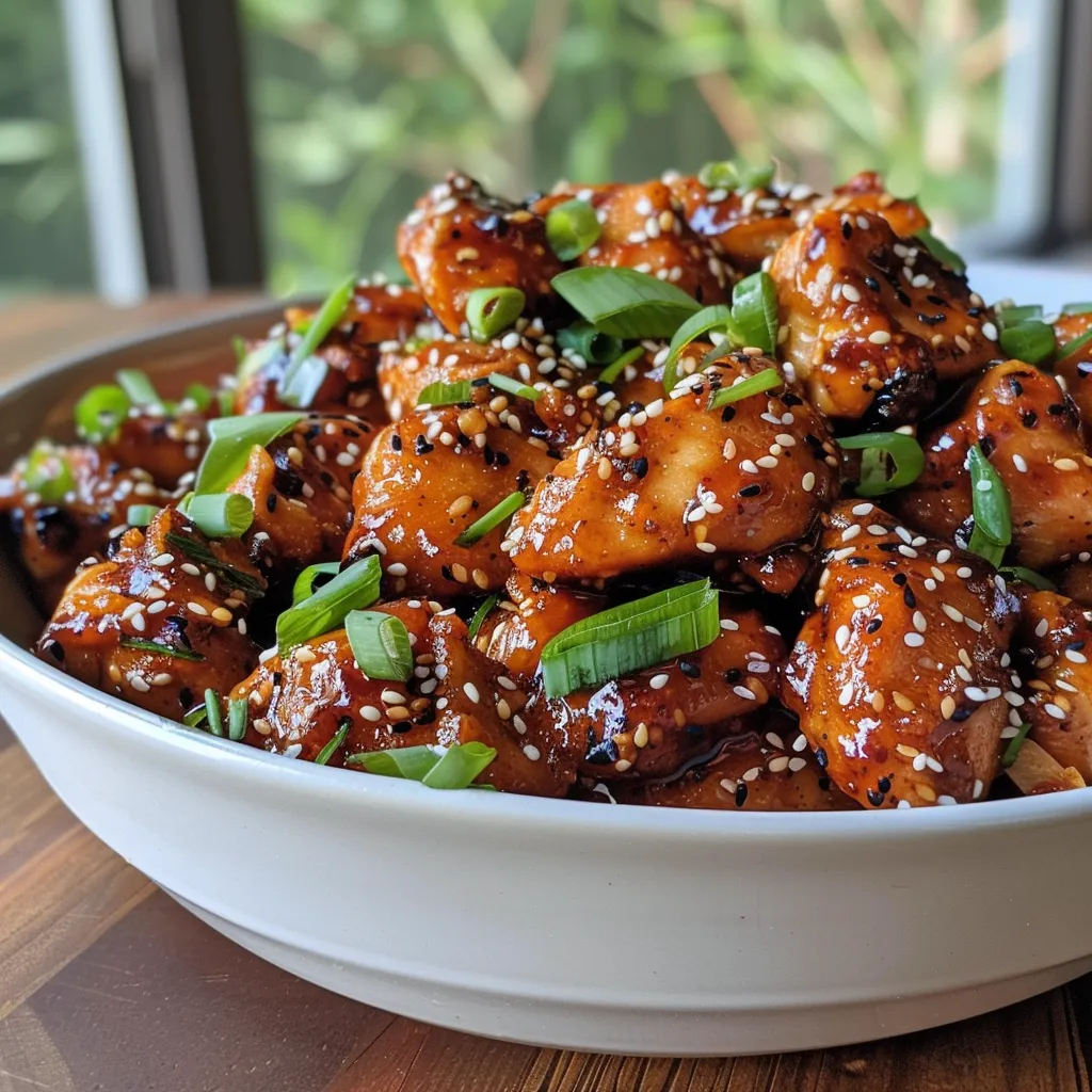 Side view of flavorful Spicy Korean Chicken, showcasing the rich red chili glaze and sesame seeds.