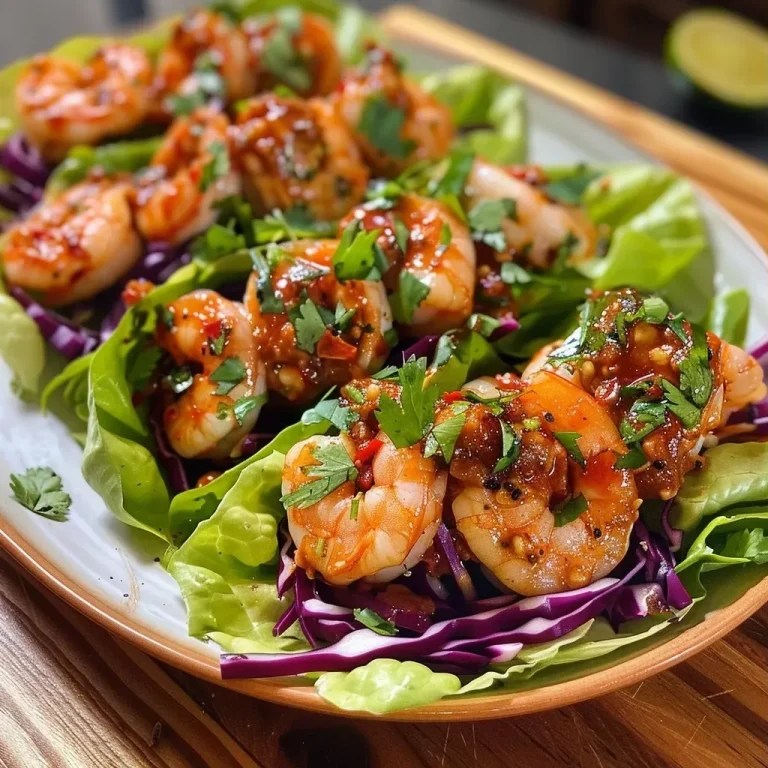 ['Close-up of spicy shrimp lettuce wraps with colorful shredded vegetables.', 'Juicy shrimp nestled in crisp lettuce leaves, topped with vibrant cabbage and carrots.', 'Side view of flavorful lettuce wraps filled with seasoned shrimp and fresh veggies.', 'Delicious spicy shrimp wrapped in lettuce with a mix of red and green cabbage.']