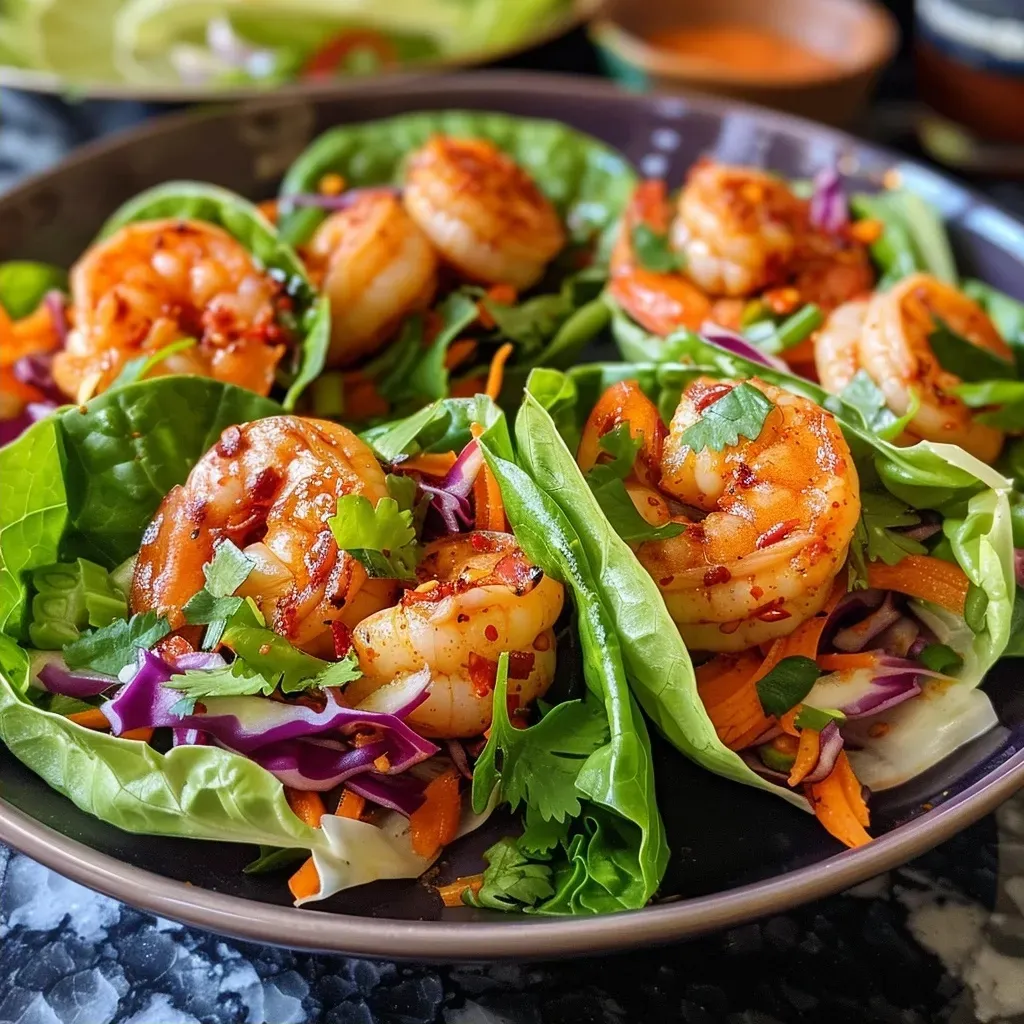 Close-up of spicy shrimp lettuce wraps with colorful shredded vegetables.
