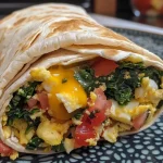 ['Close-up of a Spinach and Egg Breakfast Burrito with melted cheese and fresh spinach.', 'Side view of a hearty breakfast burrito filled with scrambled eggs and greens.', 'Detailed image of a delicious spinach and egg burrito, showcasing its filling ingredients.', 'Juicy breakfast burrito made with eggs, spinach, and cheddar, wrapped in a tortilla.']