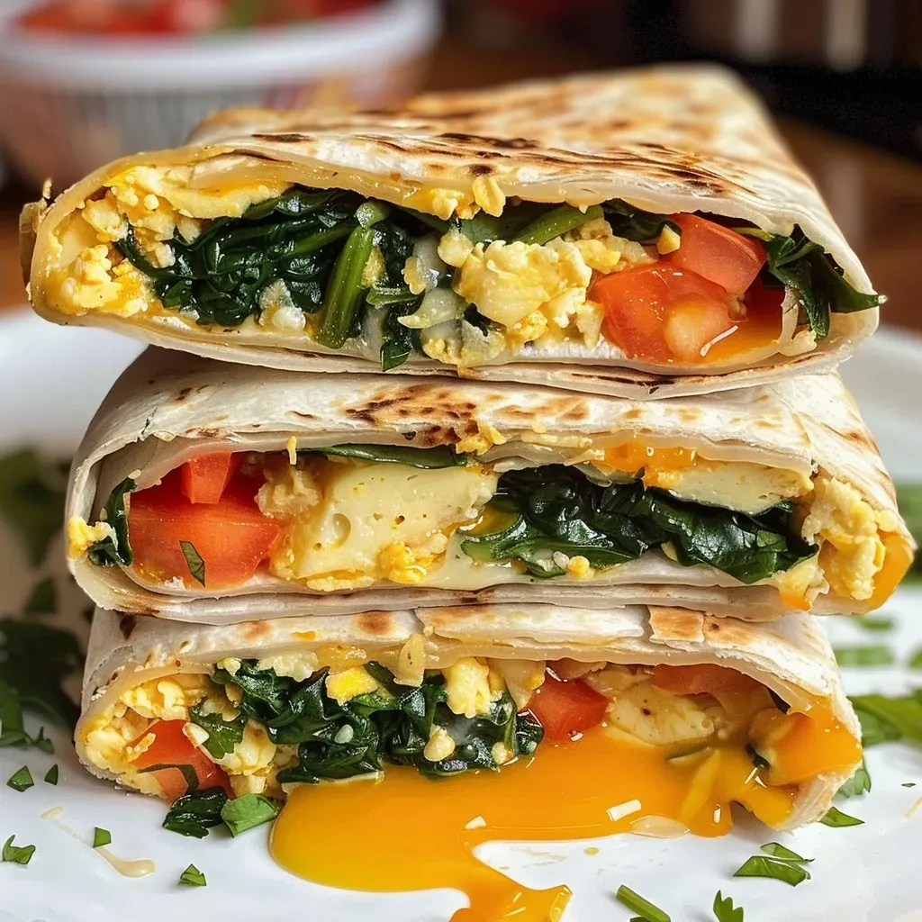 ['Close-up of a Spinach and Egg Breakfast Burrito with melted cheese and fresh spinach.', 'Side view of a hearty breakfast burrito filled with scrambled eggs and greens.', 'Detailed image of a delicious spinach and egg burrito, showcasing its filling ingredients.', 'Juicy breakfast burrito made with eggs, spinach, and cheddar, wrapped in a tortilla.']