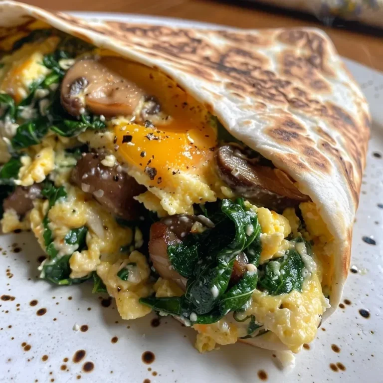 ['Close-up view of a spinach and mushroom scrambled egg wrap on a plate.', 'Side profile of a delicious spinach and mushroom scrambled egg wrap with visible ingredients.', 'Juicy spinach and mushroom egg wrap displayed with vibrant colors.', 'Tasty scrambled egg wrap filled with spinach and mushrooms, served on a tortilla.']