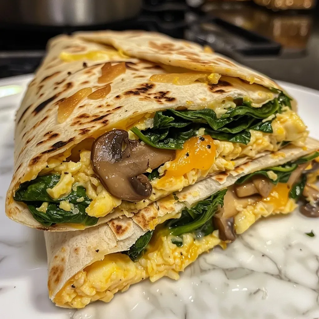 ['Close-up view of a spinach and mushroom scrambled egg wrap on a plate.', 'Side profile of a delicious spinach and mushroom scrambled egg wrap with visible ingredients.', 'Juicy spinach and mushroom egg wrap displayed with vibrant colors.', 'Tasty scrambled egg wrap filled with spinach and mushrooms, served on a tortilla.']