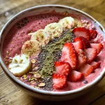 Close-up of a strawberry banana smoothie bowl topped with fresh strawberries and coconut flakes.