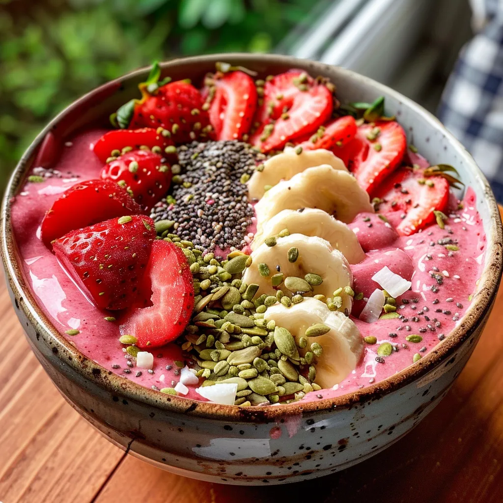 Side view of a vibrant smoothie bowl filled with frozen strawberries and bananas, garnished with hemp seeds.