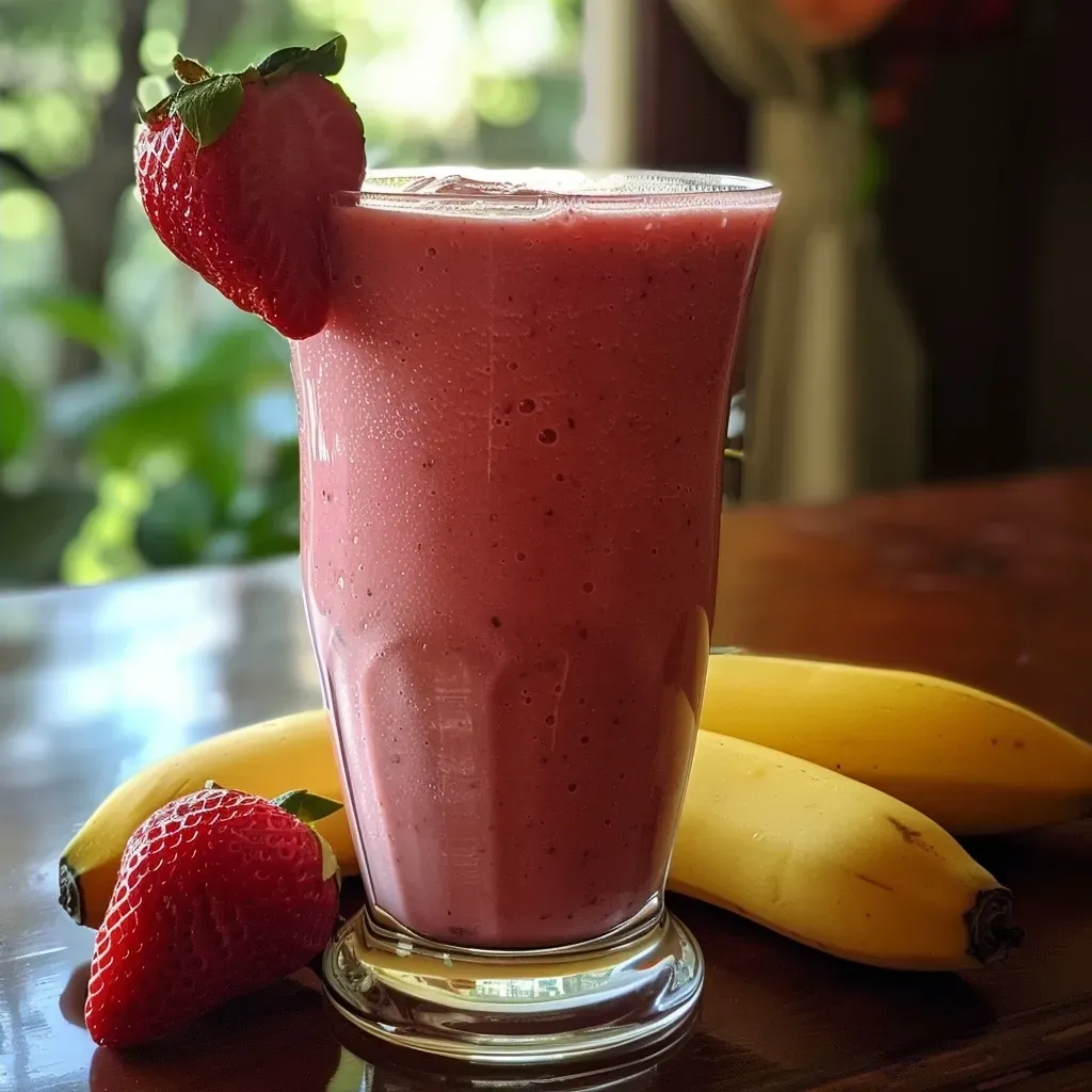 Close-up view of a vibrant strawberry banana smoothie with a frothy top.