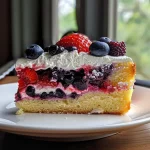 ['A close-up side view of a strawberry blueberry cake, showcasing layers of fruit and frosting.', 'A delicious slice of strawberry blueberry cake, featuring fresh strawberries and blueberries on top.', 'An appetizing side perspective of a strawberry blueberry cake, highlighting its moist texture and vibrant fruits.', 'A mouthwatering view of a slice of strawberry blueberry cake with visible layers of fruit and creamy frosting.']