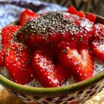 Close-up view of a creamy strawberry chia pudding topped with fresh strawberries.