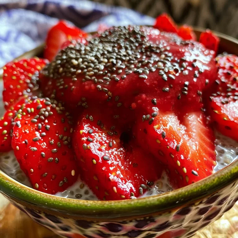 Wholesome Strawberry Chia Pudding for a Sweet Start Close-up view of a creamy strawberry chia pudding topped with fresh strawberries.