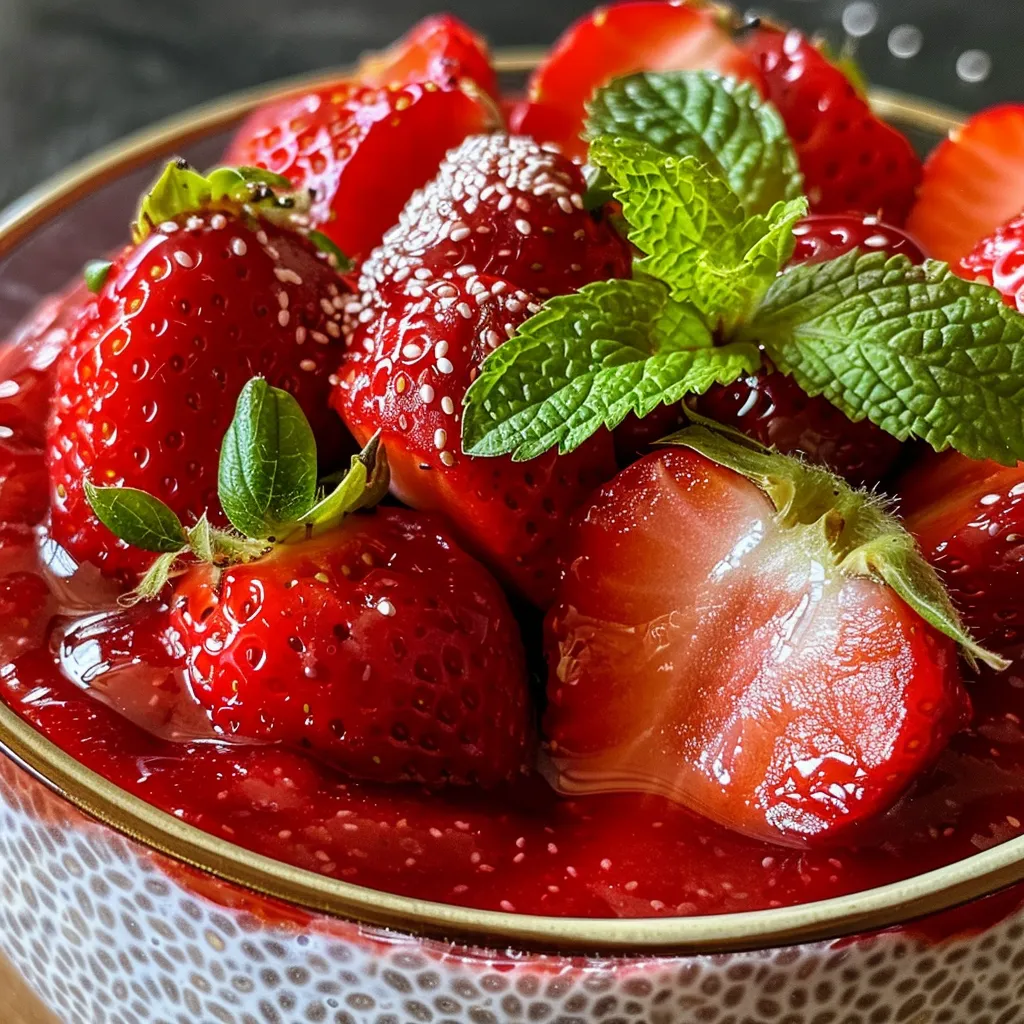 Strawberry chia pudding in a glass, showcasing layers of chia seeds and fruit.