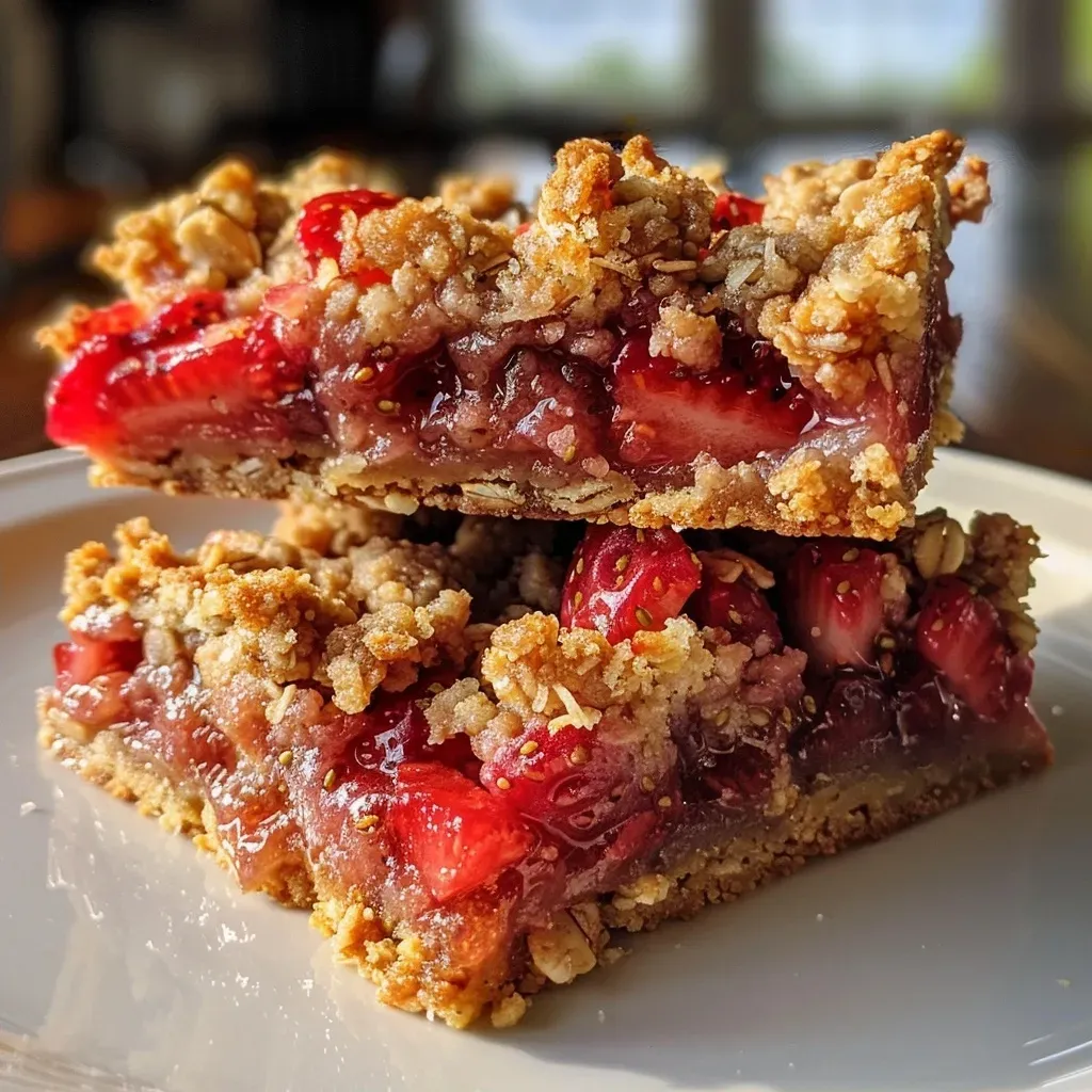 ['Close-up of golden-brown Strawberry Crumble Bars with a crisp topping and fresh strawberries.', 'Side view of delicious Strawberry Crumble Bars showcasing the layers of crust and filling.', 'Juicy Strawberry Crumble Bars with a crumbly oat topping and fresh strawberry filling.', 'Detailed close-up of homemade Strawberry Crumble Bars on a light background.']