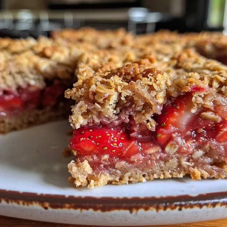 Delightful Strawberry Oat Bars for Everyday Enjoyment Close-up view of a delicious Strawberry Oat Bar showcasing a golden crust and juicy strawberries.
