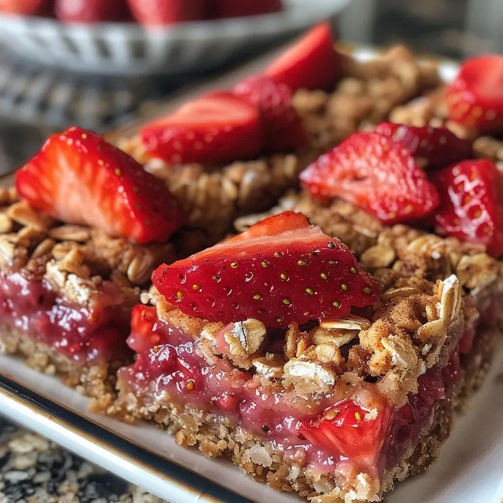 Side view of Strawberry Oat Bars with a crumbly top and vibrant strawberry filling.