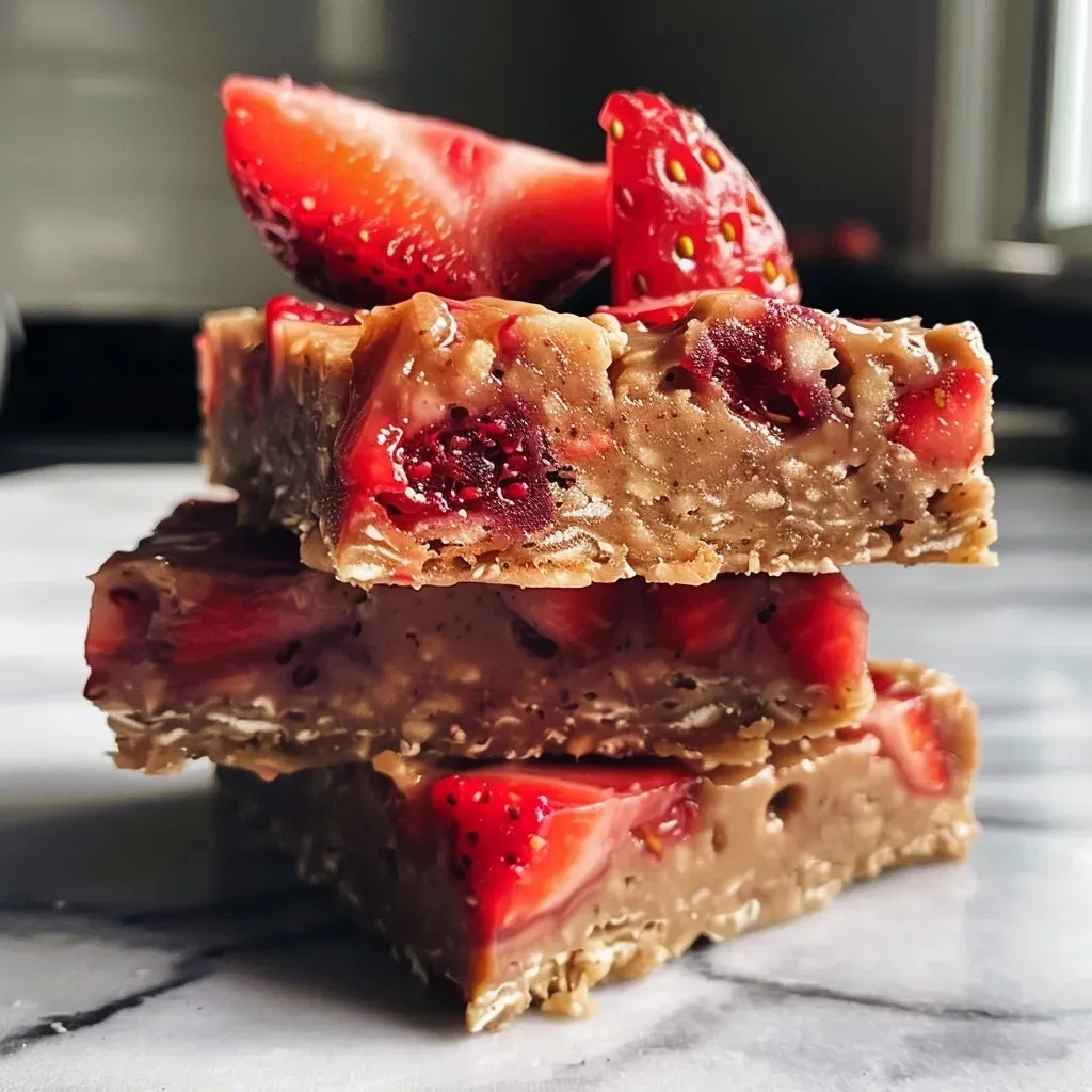 ['Close-up view of a juicy strawberry protein bar with visible strawberry bits.', 'Side photo of a delicious protein bar made with strawberries and oats.', 'Detailed image of a protein bar featuring crushed freeze-dried strawberries.', 'A close-up of a textured strawberry protein bar highlighting its ingredients.']