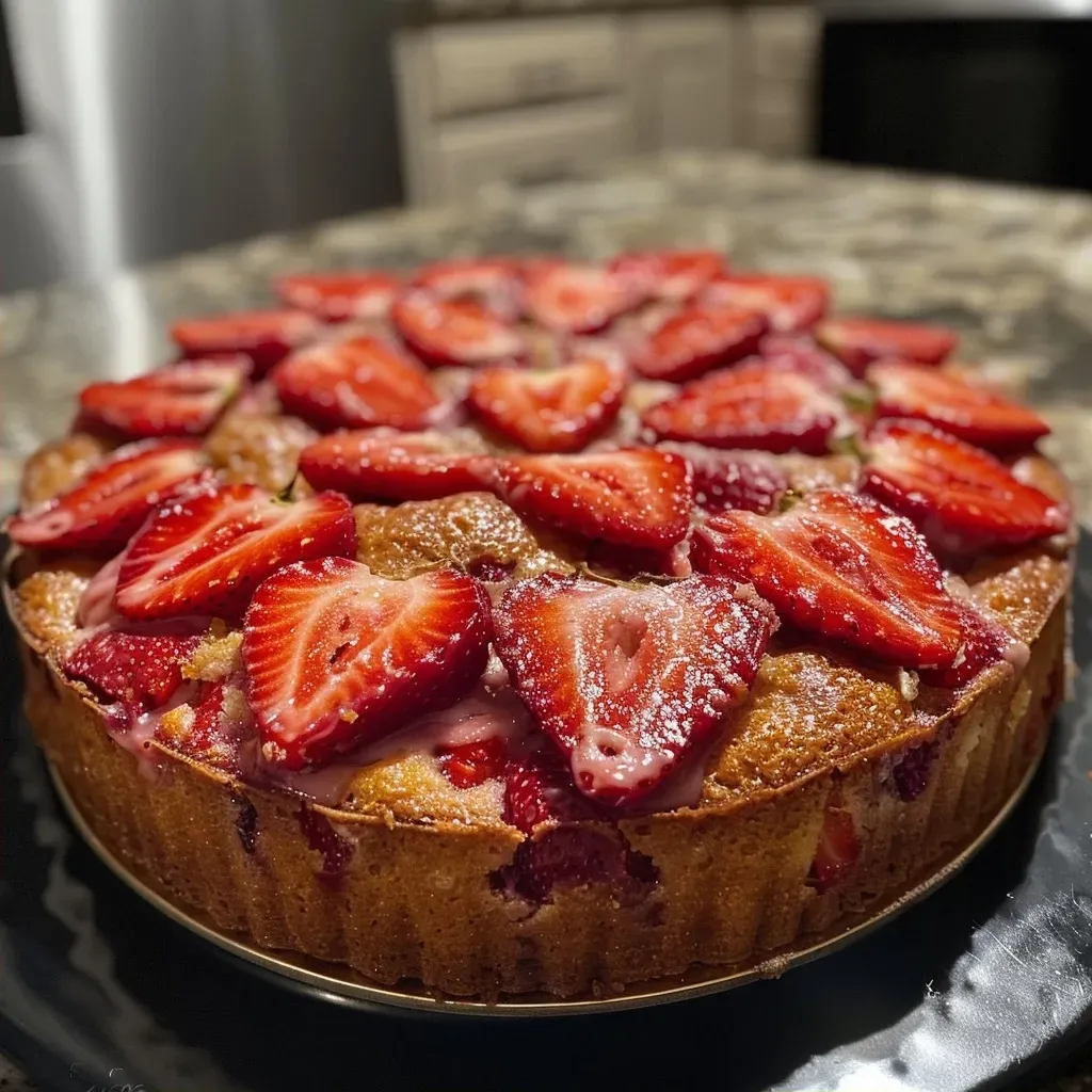['Close-up of a slice of strawberry yogurt cake with glistening strawberries on top.', 'Side view of a moist strawberry yogurt cake showcasing fresh strawberries and creamy texture.', 'Detailed view of a strawberry yogurt cake slice with vibrant strawberries and a soft crumb.', 'Richly layered strawberry yogurt cake with a glossy strawberry glaze and fresh fruit on top.']